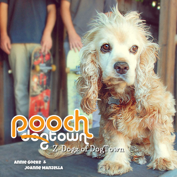 Book cover - Cocker Spaniel dog with two kids in background holding skateboards